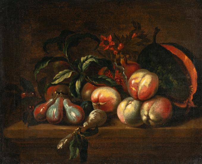 Früchtestillleben mit Birnen, Pfirsichen, Granatäpfeln und einer Melone