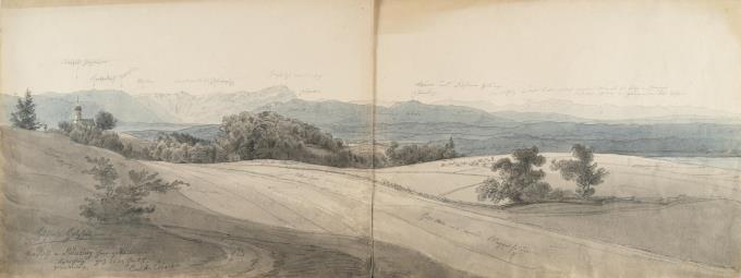 2 Bll.: Voralpenlandschaft von Münsing gegen Mittag (recto-verso)