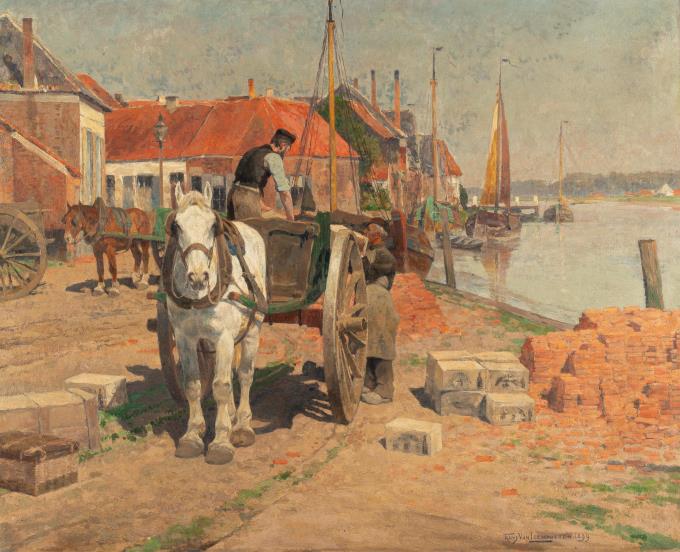 Entladen eines Pferdefuhrwerks am Hafen