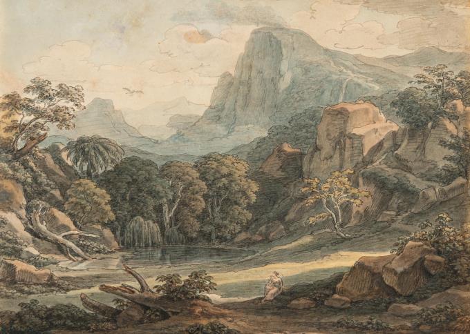 Ideale Landschaft mit Psyche, die vom Adler Jupiters das mit stygischem Wasser gefüllte Gefäß erhält (aus: Apuleius, Amor und Psyche)