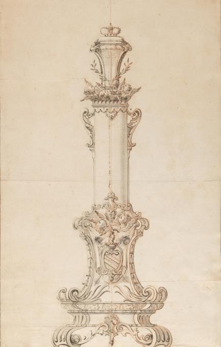 Entwurfszeichnung für eine Prunksäule mit Wappen des Würzburger Fürstbischofs Christof Franz von
Hutten