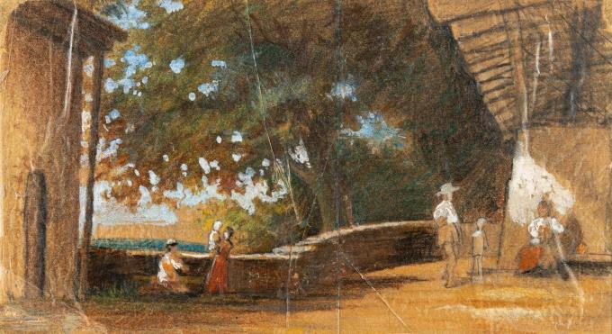 Italienische Landschaft mit Balustrade und Staffagefiguren