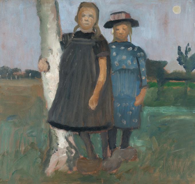 Two girls standing by a birch trunk