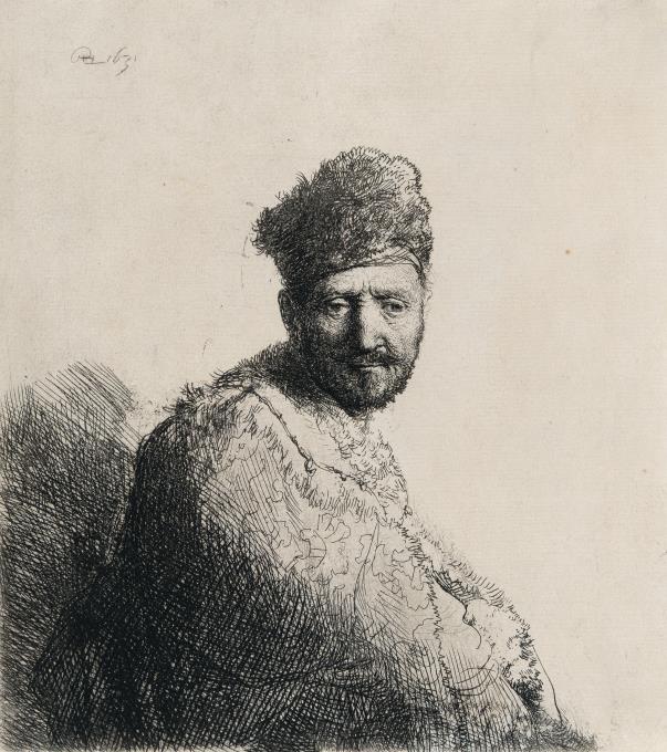 Mann mit kurzem Bart, in gesticktem Pelzmantel