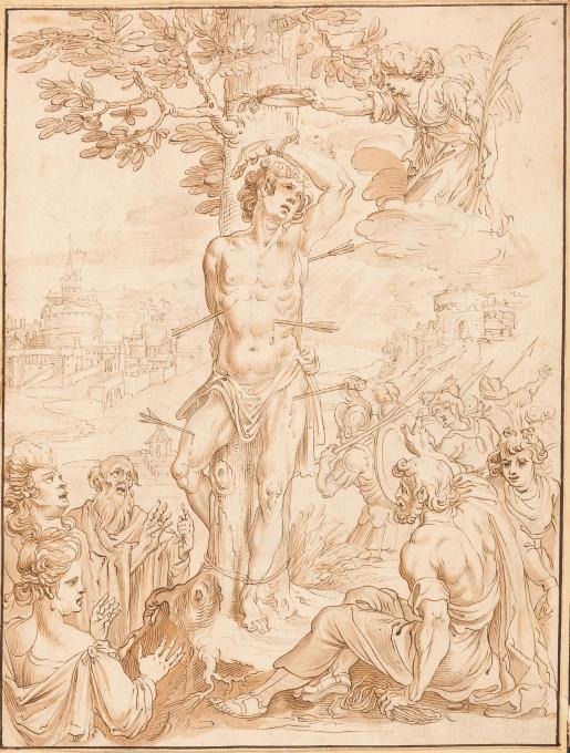 Das Martyrium des hl. Sebastian mit einer Phantasieansicht der Engelsburg im Hintergrund