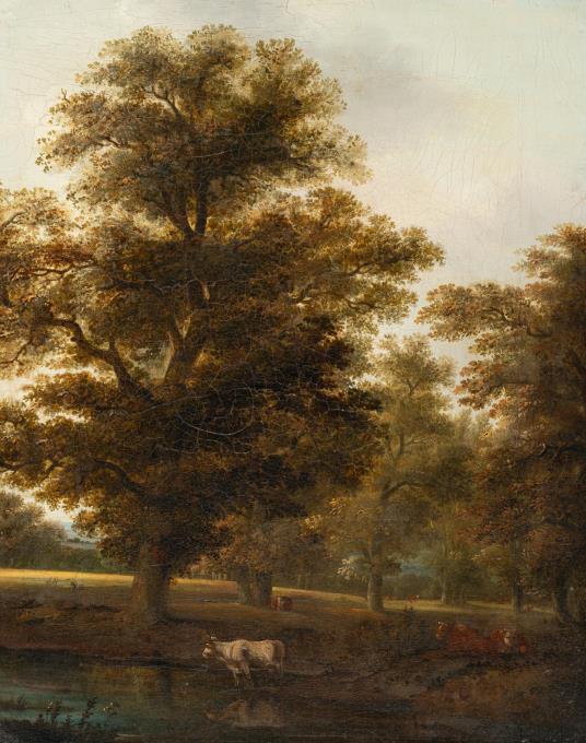 Baumlandschaft mit Viehherde am Ufer