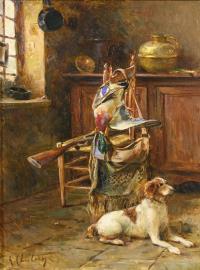 Undeutlich signiert: Jagdinterieur mit Hund und Beutevogel