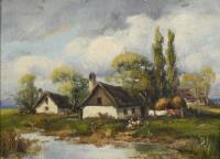 Undeutlich signiert: Bauernhäuser im Sonnenschein