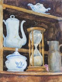 Stillleben mit Sanduhr, Kannen und Essgeschirr