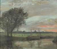 Rousseau, G.: Flusslandschaft bei Sonnenuntergang