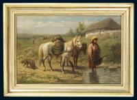 Pferdetränke in weiter Puszta-Landschaft