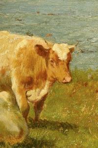 Undeutlich signiert: Kühe an sonniger Küste