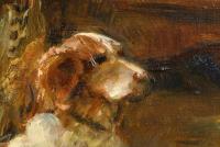 Undeutlich signiert: Jagdinterieur mit Hund und Beutevogel