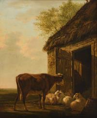 Rind und Schafe vor dem Stall