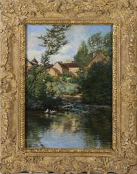 Undeutlich signiert: Flusslandschaft mit Enten