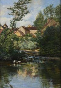 Undeutlich signiert: Flusslandschaft mit Enten