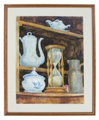 Stillleben mit Sanduhr, Kannen und Essgeschirr