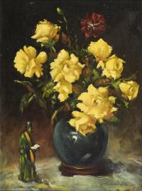 Undeutlich signiert: Stillleben mit gelben Rosen