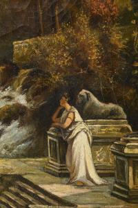 Mediterrane Küstenlandschaft mit antiker Architektur und Staffage (restaurierungsbedürftig)