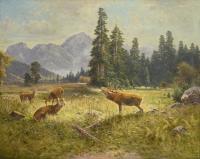 Skell, Ludwig: Hirschbrunst vor Alpenkulisse