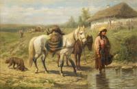 Pferdetränke in weiter Puszta-Landschaft