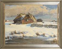 Reetgedeckte Häuser im Winter