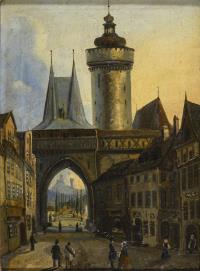 Qualitätvolle Stadtansicht mit Stadttor