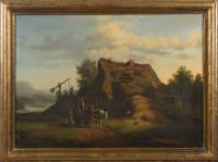 Undeutlich signiert: Pferdegespann vor Bauernkate