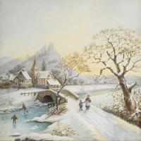 ??? Rißter; Kinder auf winterlicher Straße vor der Burgruine Neideck, fränkische Schweiz