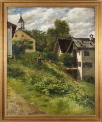 Unsigniert: Alpenländisches Dorf mit junger Frau