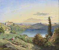 Carl Meyer; "Lago de Nemi", Landschaft mit Italienerin