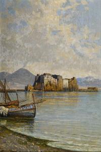 Carelli: Fischerboote vor Schloss und Vesuv