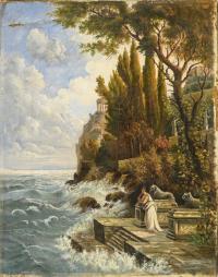 Mediterrane Küstenlandschaft mit antiker Architektur und Staffage (restaurierungsbedürftig)