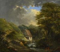 Landschaft mit Mühle und Staffage