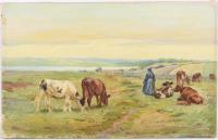 Undeutlich signiert: Hirtin mit Rindern