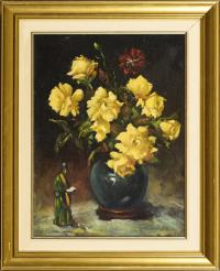 Undeutlich signiert: Stillleben mit gelben Rosen