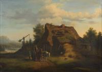 Undeutlich signiert: Pferdegespann vor Bauernkate