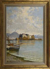 Carelli: Fischerboote vor Schloss und Vesuv