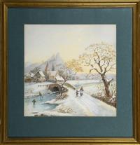 ??? Rißter; Kinder auf winterlicher Straße vor der Burgruine Neideck, fränkische Schweiz