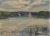 Undeutlich signiert: Flusslandschaft mit Segler