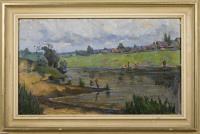 Flusslandschaft mit Staffage nahe Stadt